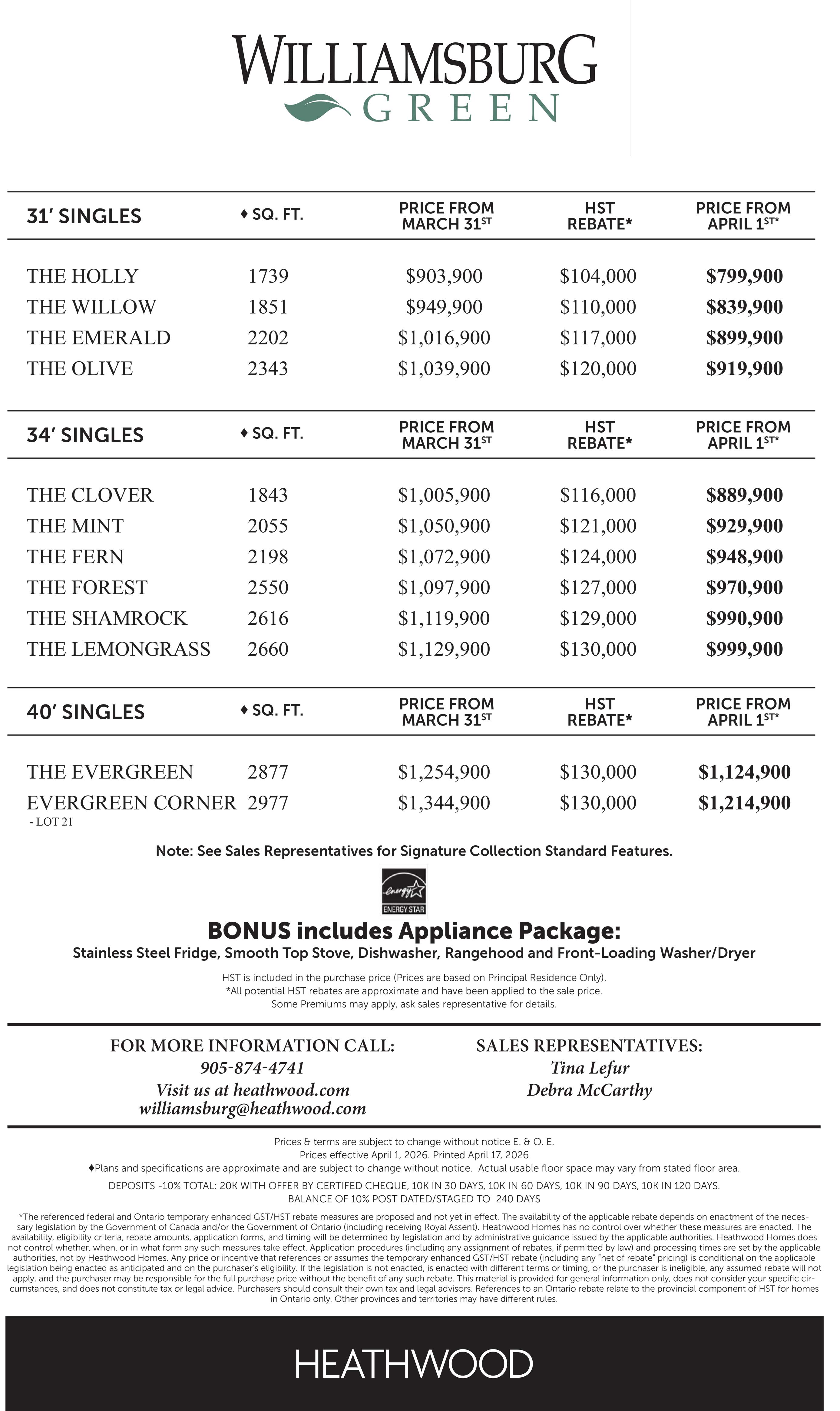 Williamsburg Kitchener Price List
